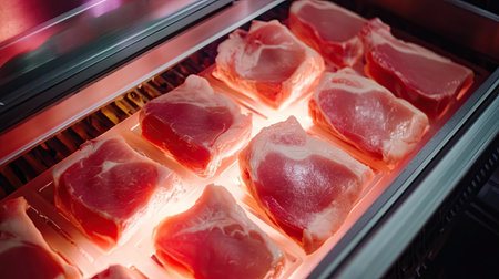 A top view of raw pork slabs on a conveyor belt under bright industrial lighting, leaving copy spaceの素材
