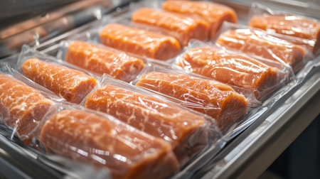 Packaged pork rolls neatly arranged in a processing facility, with empty space for text or designの素材