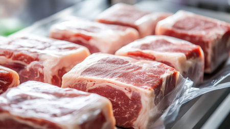 Packaged pork products neatly lined up on a conveyor in a modern processing unit, with copy space availableの素材