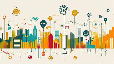 Abstract digital graphics of AI and big data icons overlaid on a business graph, with ample space for textの素材