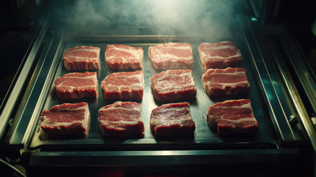 A top view of raw pork slabs on a conveyor belt under bright industrial lighting, leaving copy spaceの素材