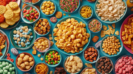 Festive Diwali food spread with colorful sweet and salty snacks, arranged for a top-down view and room for text overlayの素材