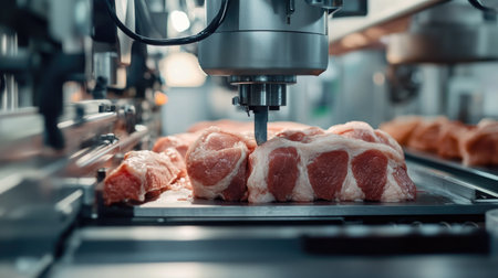 Industrial-grade machines slicing pork in a clean factory setting, providing ample copy space for text or brandingの素材
