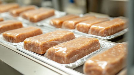 Packaged pork rolls neatly arranged in a processing facility, with empty space for text or designの素材