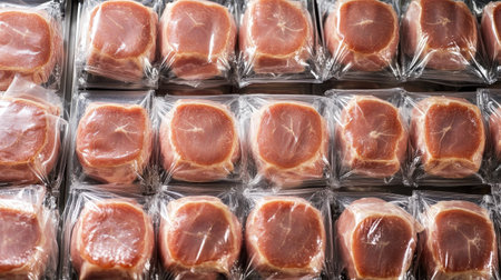 Packaged pork rolls neatly arranged in a processing facility, with empty space for text or designの素材