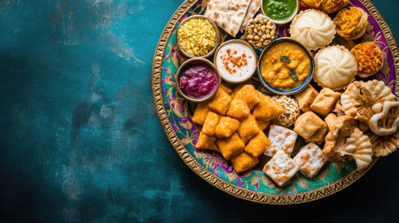 Festive arrangement of Diwali special sweet and salty snacks on a colorful plate, shot from above with ample text spaceの素材