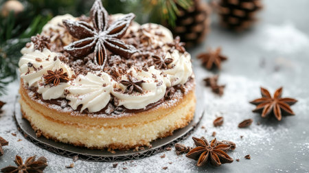 A decadent cake filled with cream and chocolate, adorned with star anise and pine cones, perfect for holiday celebrations. Copy space included.の素材