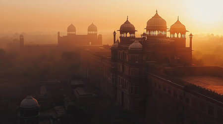 The majestic Agra Fort at sunrise, with its red sandstone and marble domes glowing softly. Ample space for text or brandingの素材