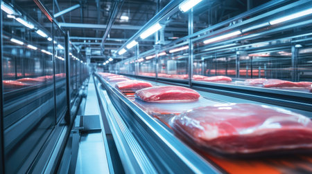 Vacuum-sealed pork cuts moving along a conveyor belt in a high-tech processing plant, with room for copy space.の素材