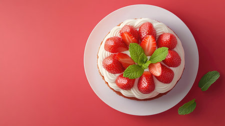 A delicious strawberry cheesecake from above, garnished with mint leaves and perfect for dessert-themed designs.の素材