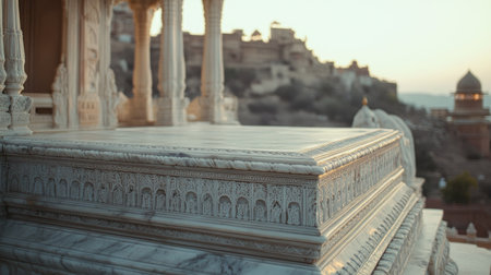 The intricate marble cenotaph of Jaswant Thada, framed against Mehrangarh Fort at dusk, with space for text or designの素材