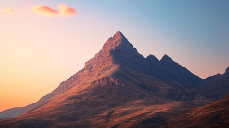 The majestic Panchachuli mountain peaks bathed in warm hues at sunset, framed by a serene sky with text spacecの素材