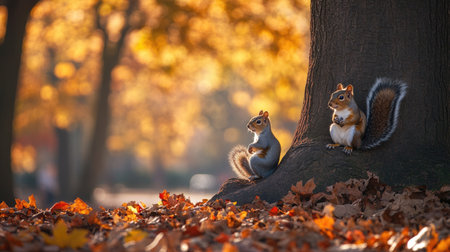 A pair of squirrels perched on a tree in a sunny park, with colorful autumn leaves scattered on the ground.の素材