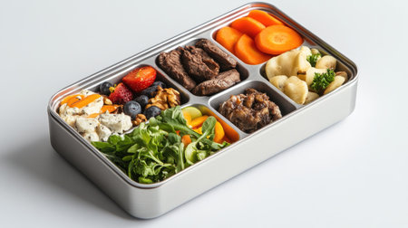A wholesome lunch box packed with nutritious options, styled neatly with room for text on the side.の素材