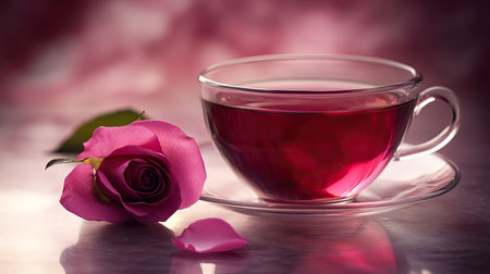 A warm cup of rose petal herbal tea, elegant and soothing, placed on a minimalist table. Copy space included.の素材