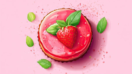 A delicious strawberry cheesecake from above, garnished with mint leaves and perfect for dessert-themed designs.の素材