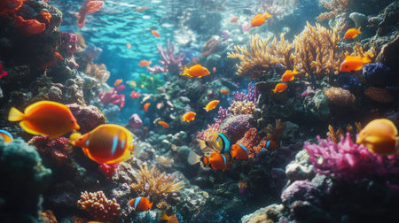 A colorful underwater ocean world teeming with coral reefs, tropical fish, and vibrant marine life. Copy space included.の素材