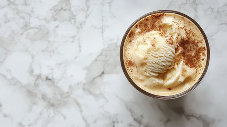 A unique blend of coffee and ice cream in a latte glass, styled for top-down photography with copy space.の素材