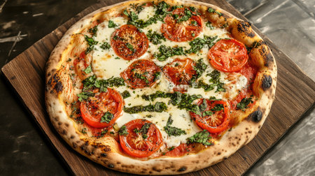 Rustic top view of a pizza on a wooden board, featuring vibrant tomatoes and melted mozzarella with text space.の素材