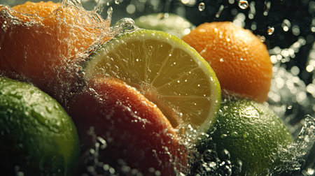 Juicy citrus fruits, lime, grapefruit, and orange, splashing into water with refreshing droplets. Ample copy space.の素材