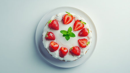 Minimalist top view of a cheesecake decorated with strawberries and mint on a simple background.の素材