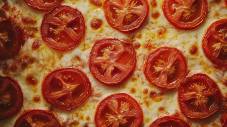 Overhead shot of a delicious pizza topped with tomato slices and melted mozzarella, perfect for text overlays.の素材