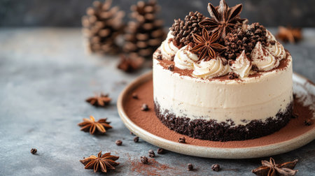 Luxurious cream and chocolate cake topped with star anise and pine cones, styled for a holiday celebration. Copy space included.の素材