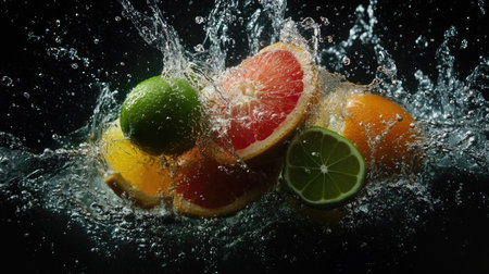 Juicy citrus fruits, lime, grapefruit, and orange, splashing into water with refreshing droplets. Ample copy space.の素材