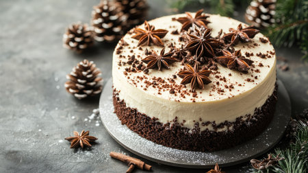 Luxurious cream and chocolate cake topped with star anise and pine cones, styled for a holiday celebration. Copy space included.の素材