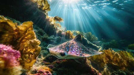 Underwater ocean world with rays of sunlight piercing through the surface, illuminating the colorful marine ecosystem.の素材