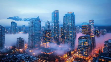 High-angle view of fog-covered skyscrapers at twilight, with city lights illuminating a bustling downtown area.の素材