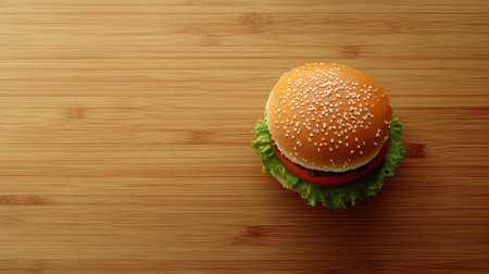 Hamburger served on a wooden table, presented top-down with clean surroundings and text space.の素材