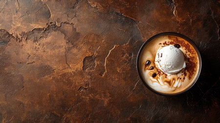Latte art coffee with a melting scoop of ice cream, styled from above with text space for branding or messages.の素材