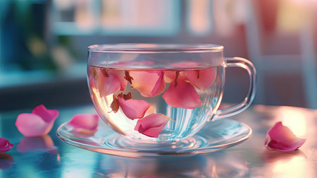 Rose petal herbal tea served in a clear glass cup, exuding calm and relaxation. Ideal for wellness visuals.の素材