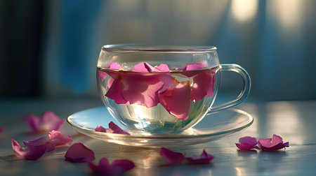 Rose petal herbal tea in a glass cup, beautifully presented with soft lighting. Copy space available.の素材