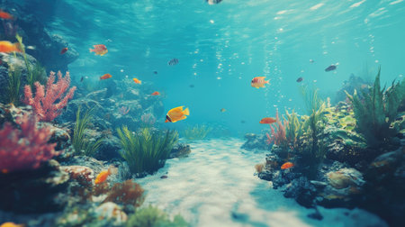 Stunning underwater view of coral reefs, tropical fish, and serene ocean blues, perfect for adding text.の素材