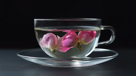 Rose petal herbal tea served in a clear glass cup, exuding calm and relaxation. Ideal for wellness visuals.の素材