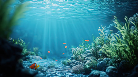 Stunning underwater view of coral reefs, tropical fish, and serene ocean blues, perfect for adding text.の素材
