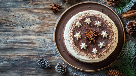 Top view of a festive cream-filled chocolate cake decorated with star anise and pine cones on a rustic table. Copy space available.の素材