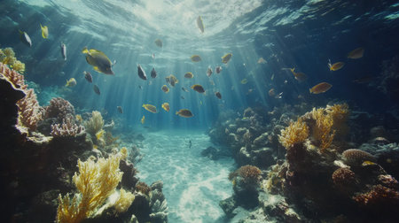 Serene underwater scene with schools of fish swimming through coral reefs under crystal-clear water.の素材