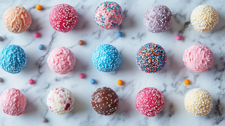 Vibrant ice cream balls with a variety of flavors and toppings, perfect for dessert-themed designs.の素材