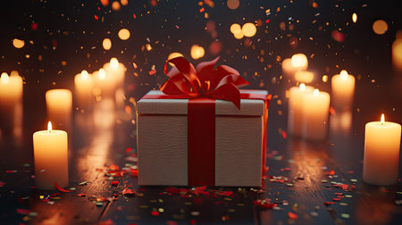 A beautifully wrapped gift box with a red ribbon, surrounded by flickering candles and colorful confetti, creating a magical and warm atmosphere for any celebration.の素材