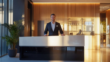 A professional male receptionist stands at a modern reception desk in a stylish business environment, showcasing a welcoming atmosphere with elegant design and warm lighting.の素材