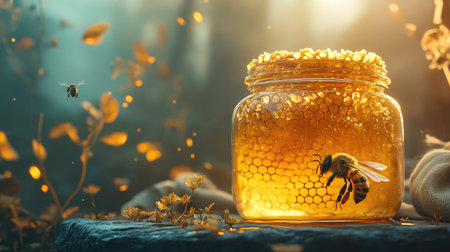 Enchanting scene featuring a glass jar filled with golden honey and a bee collecting nectar, surrounded by a tranquil and vibrant nature backdrop, evoking feelings of sweetness and calm.の素材