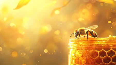 A stunning close-up captures a honeybee perched on a jar of honeycomb, illuminated by soft, warm light, emphasizing the beauty of nature and the vital role of bees.の素材