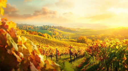 A breathtaking view of a vineyard captured during a vibrant autumn sunset, showcasing rolling hills and golden foliage, creating a serene and picturesque scene.の素材