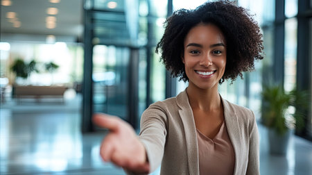 A young businesswoman smiles and extends her hand for a greeting in a modern office setting, showcasing a positive and welcoming professional atmosphere.の素材