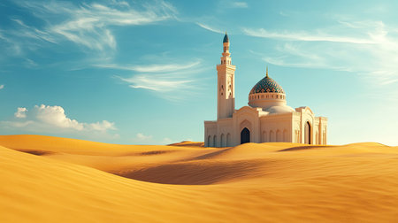 A breathtaking view of a mosque set in a serene desert, showcasing magnificent architecture against a backdrop of endless golden sand and a vivid blue sky.の素材