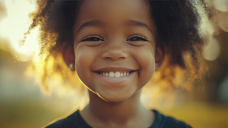 A joyful young girl with curly hair smiles radiantly against a backdrop of soft golden light, embodying happiness and the innocence of childhood in a beautiful outdoor scene.の素材