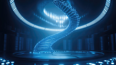 A mesmerizing spiral structure made of glowing particles radiates energy in a high-tech environment, showcasing modern design and imaginative digital elements in soft blue light.の素材